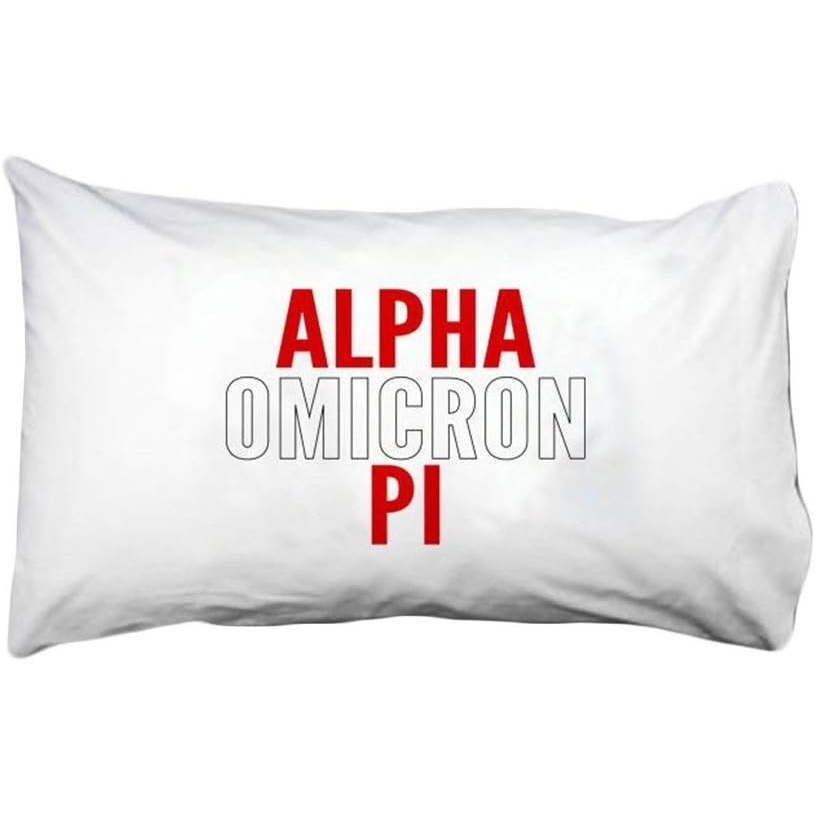 image:imageAlpha Omicron Pi AOII Name Stack Pillow Cover White wRedWhite Imprint Color