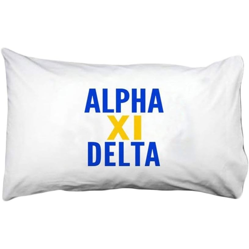image:imageAlpha Xi Delta Name Stack Pillow Cover White wRoyal BlueGold Imprint Color