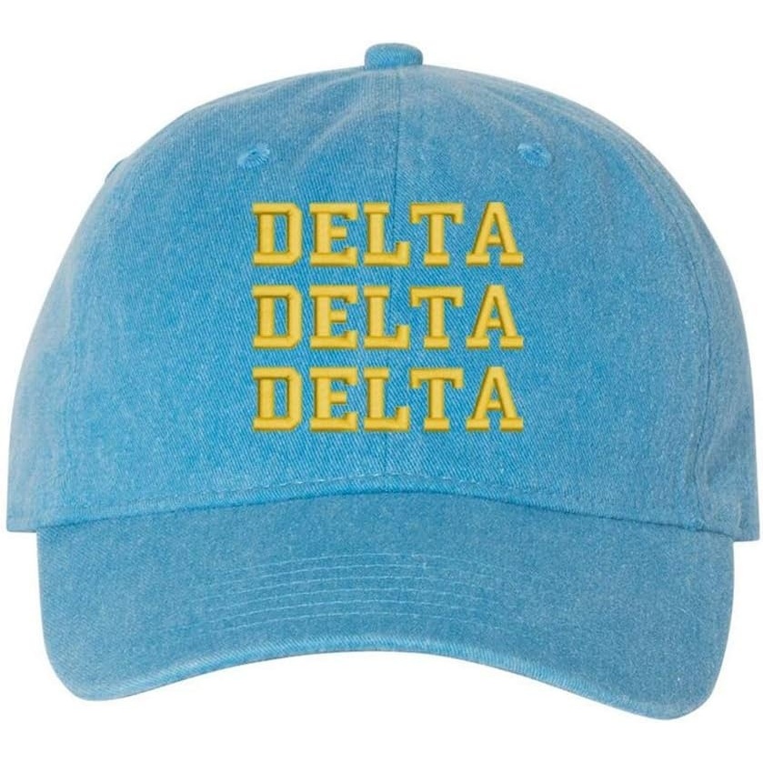 image:imageDelta Delta Delta Pigment Dyed Baseball CapRoyal Caribe WLight Gold Thread Color