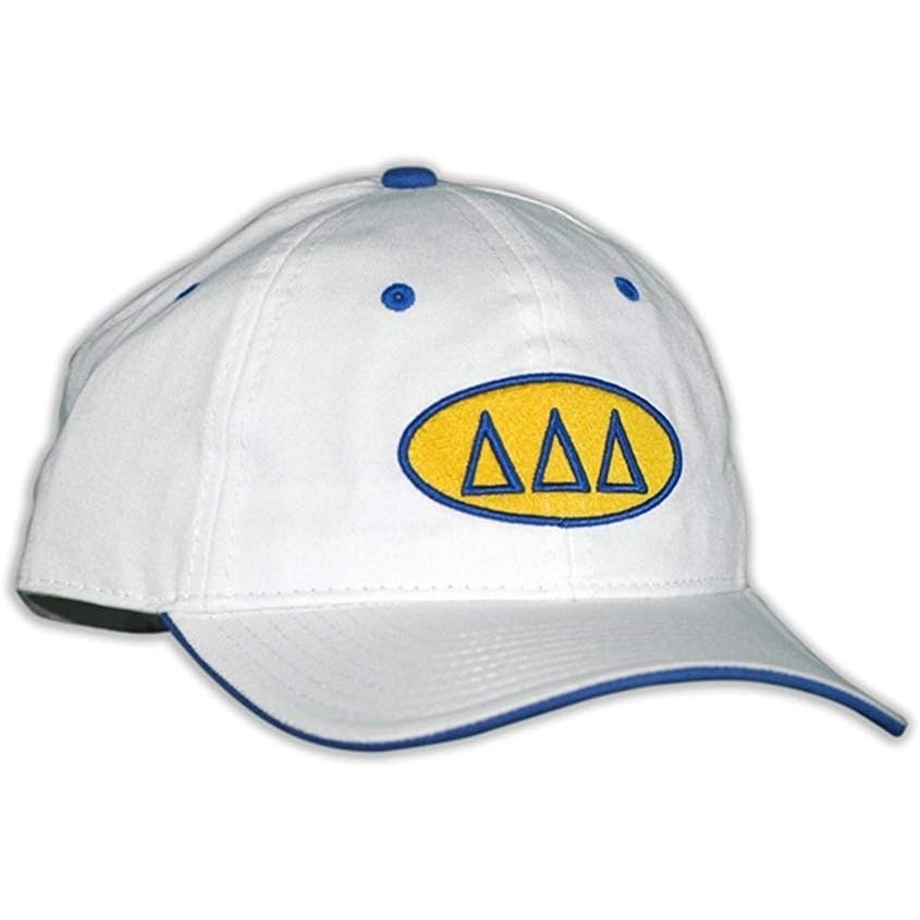 image:imageDelta Delta Delta Throwback Oval Game HatWhite WRoyal Blue Thread Color