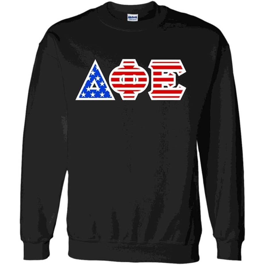 image:imageDelta Phi Epsilon DPHIE Greek Letter American Flag CrewneckBlack