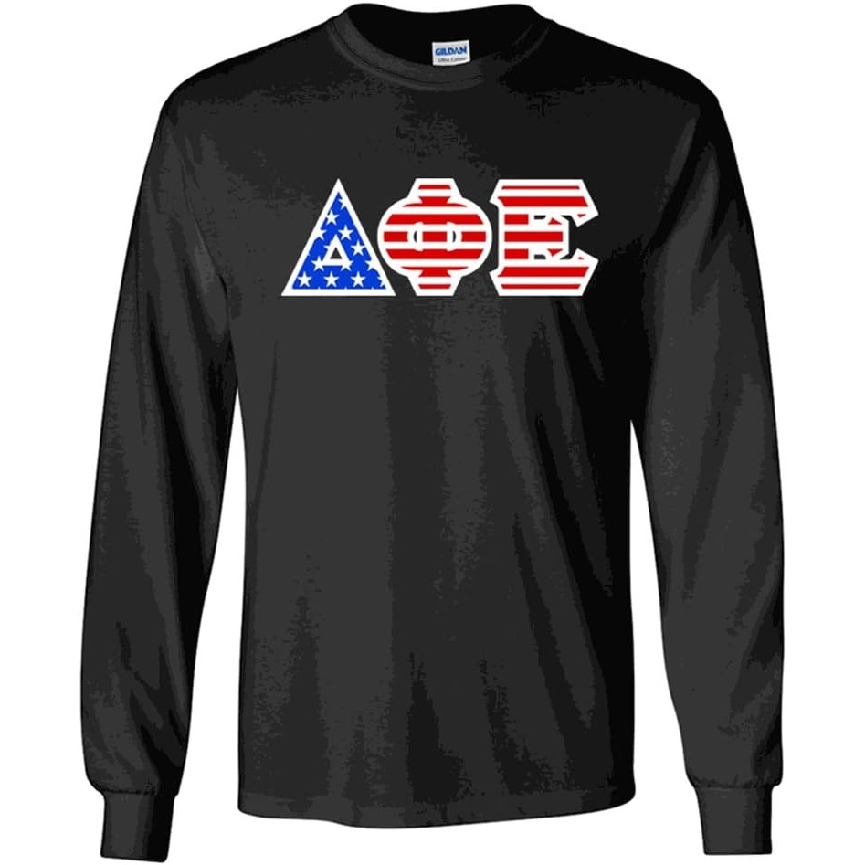 image:imageDelta Phi Epsilon DPHIE Greek Letter American Flag Long Sleeve TeeBlack