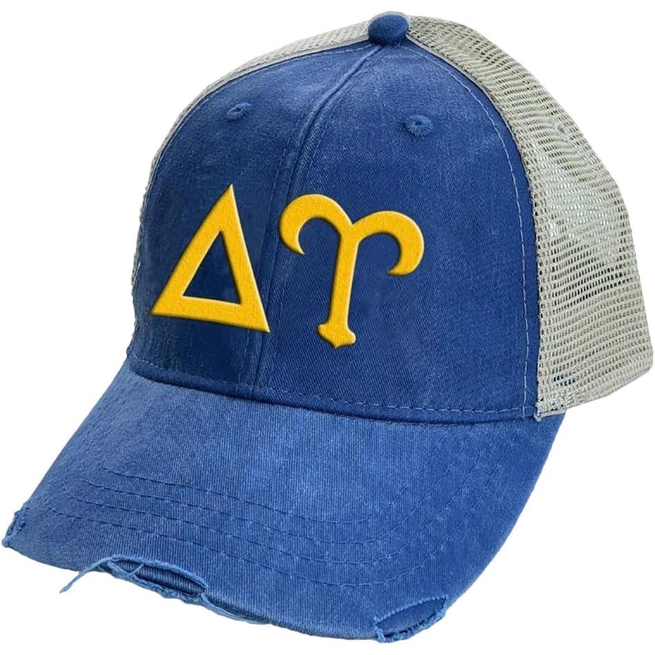 image:imageDelta Upsilon DU Distressed Trucker Hat RoyalTan