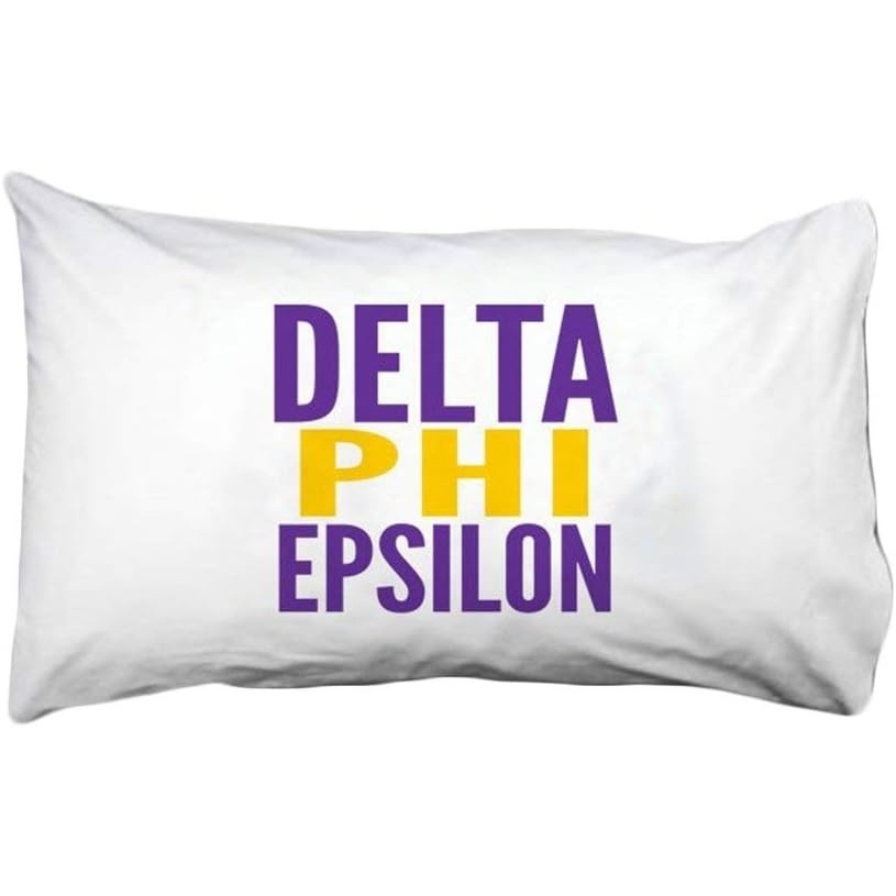image:imageGreekgear Delta Phi Epsilon DPHIE Name Stack Pillow Cover White wPurpleGold Imprint Color