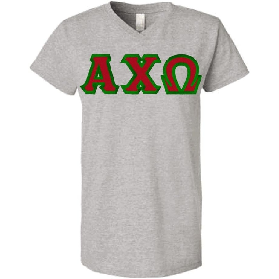 image:imageWomens Alpha Chi Omega Sorority Lettered VNeck Short Sleeve TShirtHeathered Nickel