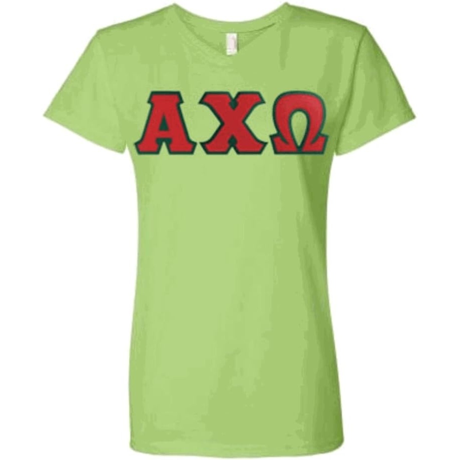 image:imageWomens Alpha Chi Omega Sorority Lettered VNeck Short Sleeve TShirtLight Green