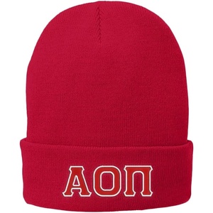 Alpha Omicron PI AOII Big Greek Lettered Knit Cap(Red W/Red/White Thread Color)