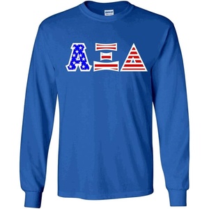 Alpha Xi Delta Greek Letter American Flag Long Sleeve Tee(Royal Blue)