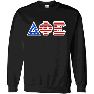 Delta Phi Epsilon DPHIE Greek Letter American Flag Crewneck(Black)