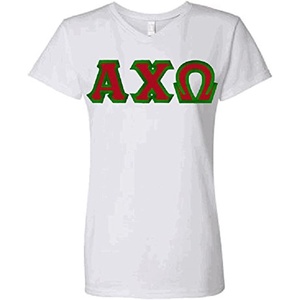 Women’s Alpha Chi Omega Sorority Lettered V-Neck Short Sleeve T-Shirt(Bright White)