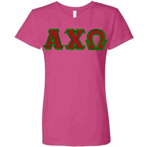 Women’s Alpha Chi Omega Sorority Lettered V-Neck Short Sleeve T-Shirt(Dark Fuchsia)