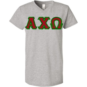 Women’s Alpha Chi Omega Sorority Lettered V-Neck Short Sleeve T-Shirt(Heathered Nickel)