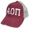 Greekgear Alpha Omicron Pi AOII Distressed Trucker Hat(Burgundy/ Tan)
