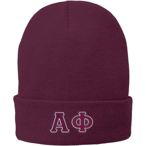 Alpha Phi Big Greek Lettered Knit Cap Maroon w/Maroon/White Thread Color