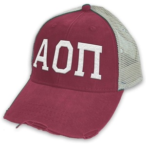 Greekgear Alpha Omicron Pi AOII Distressed Trucker Hat(Burgundy/ Tan)