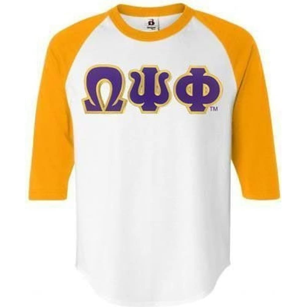 image:imageOmega Psi Phi Lettered Raglan TShirtWhite WGold