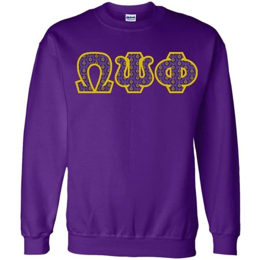 image:imageOmega Psi Phi Fraternity Crest Shield Twill Letter Crewneck SweatshirtPurple