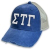 Sigma Tau Gamma Distressed Trucker Hat Royal/Tan