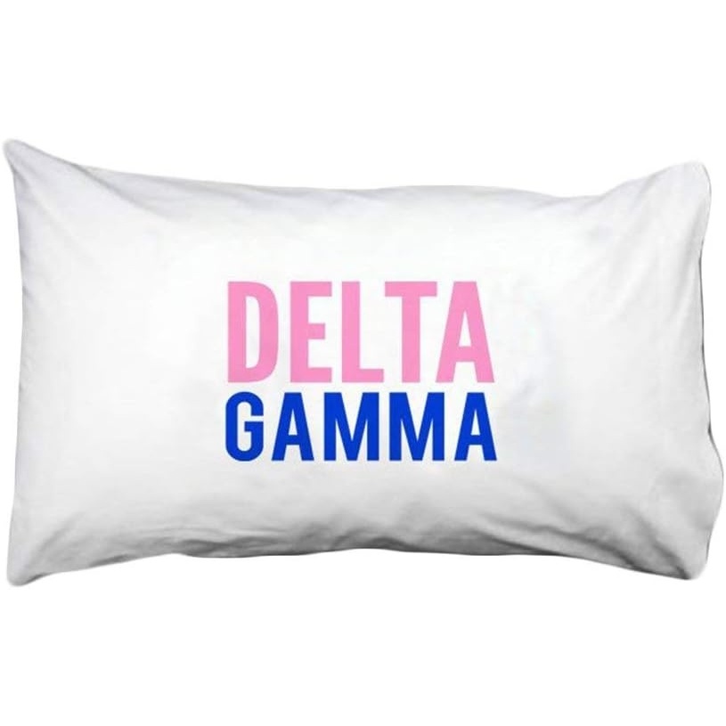 image:imageDelta Gamma Name Stack Pillow Cover White wPinkRoyal Blue Imprint Color