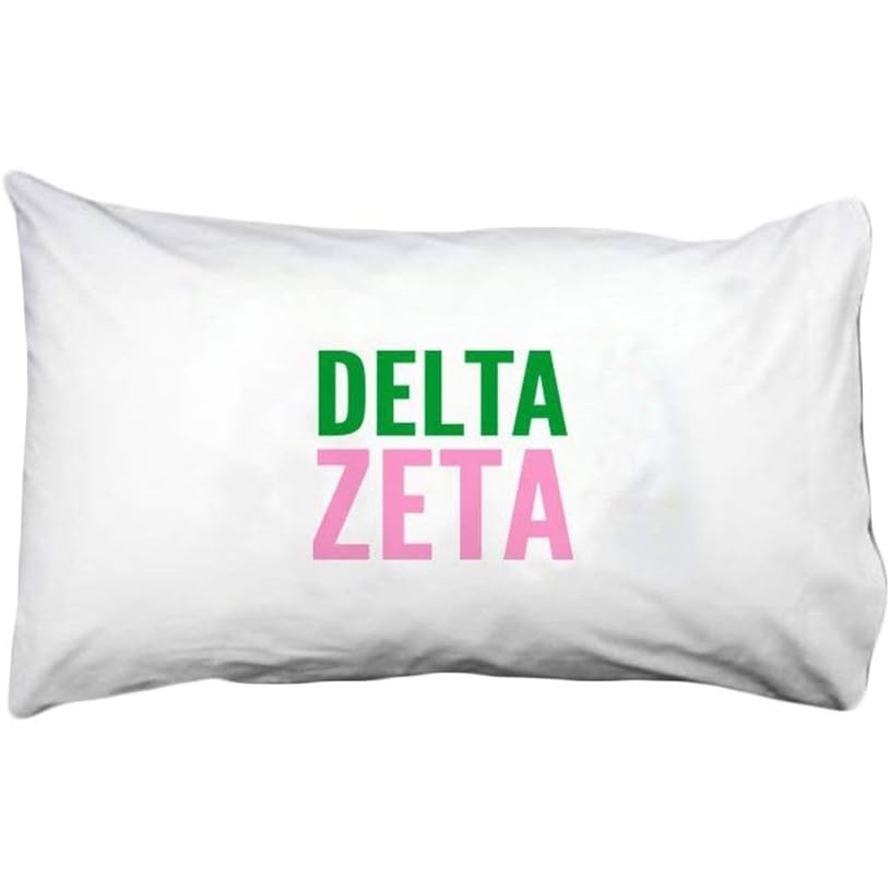 image:imageDelta Zeta Name Stack Pillow Cover White wKelly GreenPink Imprint Color