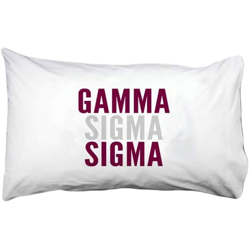 image:imageGamma Sigma Sigma Name Stack Pillow Cover White wMaroonSilver Imprint Color