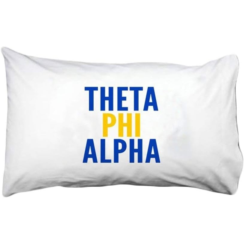 image:imageGreekgear Theta Phi Alpha Name Stack Pillow Cover White wRoyal BlueGold Imprint Color