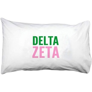 Delta Zeta Name Stack Pillow Cover White w/Kelly Green/Pink Imprint Color