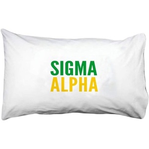 Sigma Alpha Name Stack Pillow Cover White w/Kelly Green/Gold Imprint Color