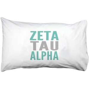 Zeta Tau Alpha ZTA Name Stack Pillow Cover White w/Teal/Grey Imprint Color