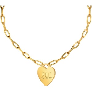 Greekgear Alpha Omicron Pi Heart Tag Necklace-(Paperclip Chain)