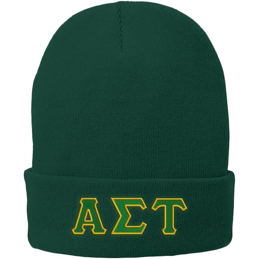 image:imageAlpha Sigma Tau AST Big Greek Lettered Knit CapGreen WKellyLight Gold Thread Color