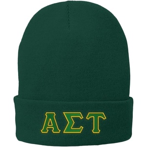 Alpha Sigma Tau AST Big Greek Lettered Knit Cap(Green W/Kelly/Light Gold Thread Color)