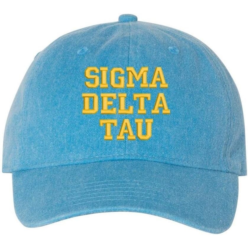 image:imageSigma Delta Tau Pigment Dyed Baseball CapRoyal Caribe WLight Gold Thread Color