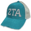 Zeta Tau Alpha ZTA Distressed Trucker Hat Teal/Tan