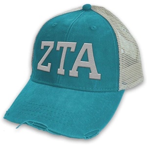 Zeta Tau Alpha ZTA Distressed Trucker Hat Teal/Tan