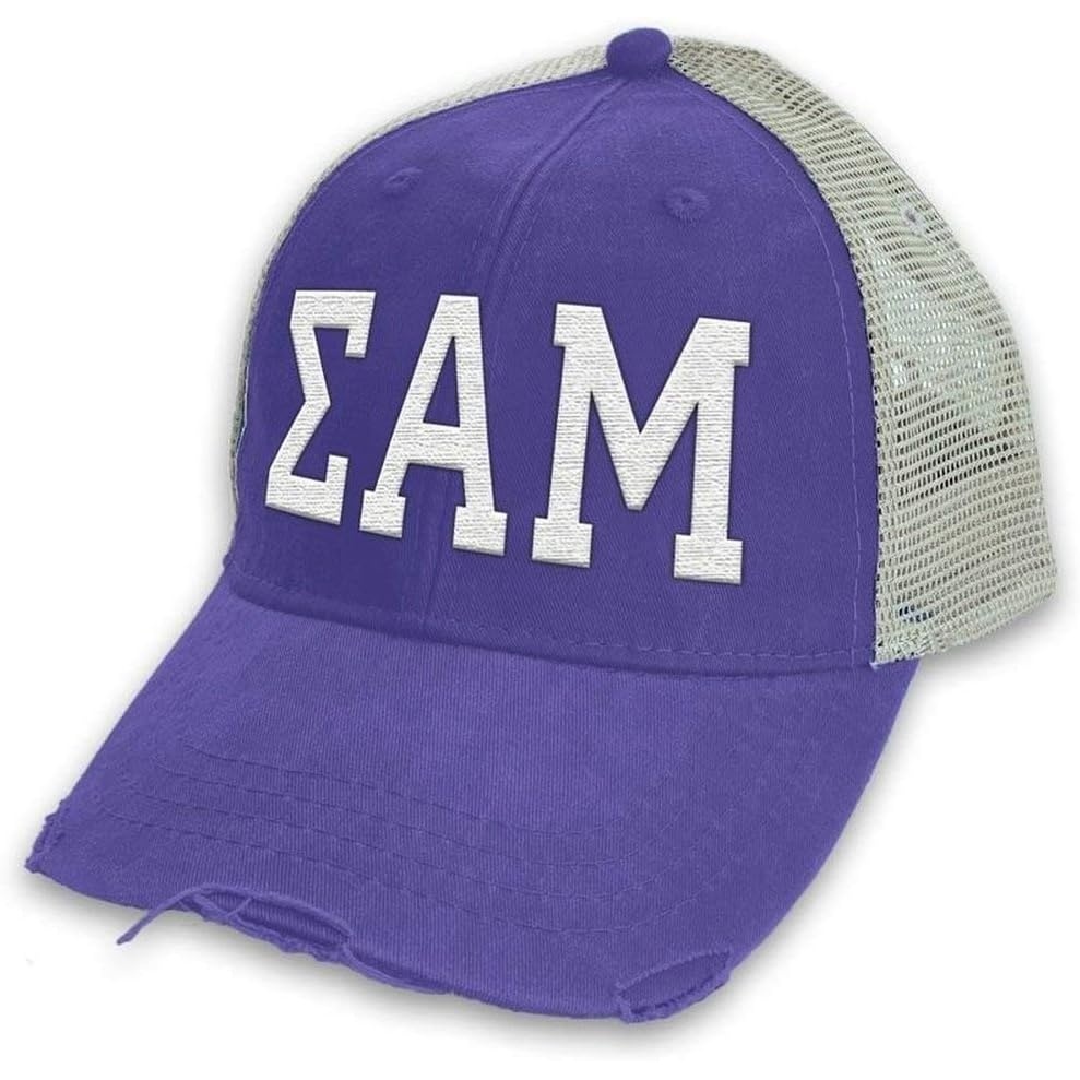 image:imageSigma Alpha Mu Distressed Trucker Hat PurpleTan