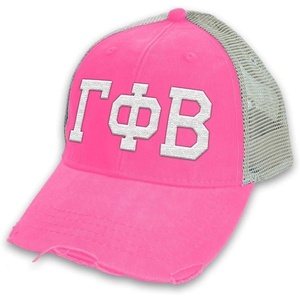 Greekgear Gamma Phi Beta Distressed Trucker Hat(Neon Pink/ Tan)