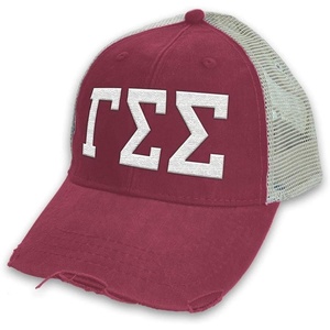 Gamma Sigma Sigma Distressed Trucker Hat Burgundy/Tan