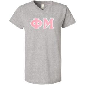 Phi Mu Lettered V Neck Tee(Heathered Nickel)