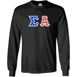 Sigma Alpha Greek Letter American Flag Long Sleeve Tee(Black)