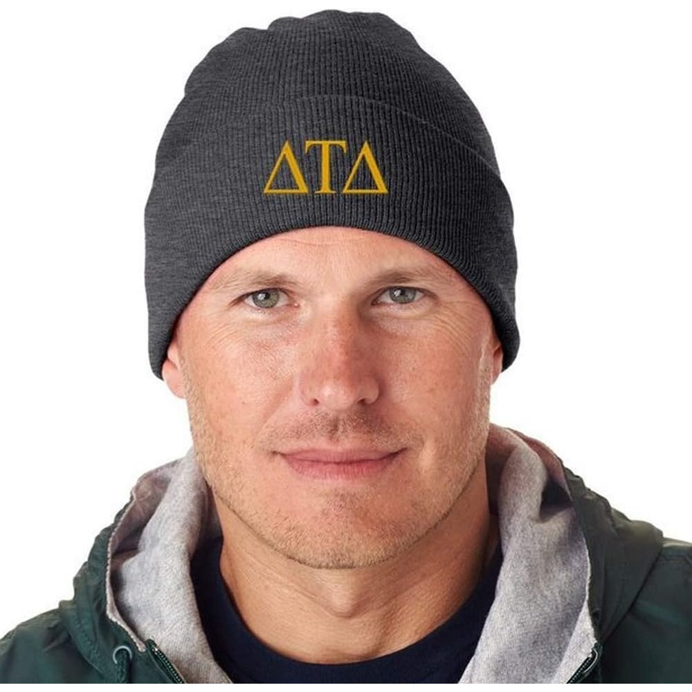 image:imageDelta Tau Delta DTD Greek Letter Knit CapDark Grey WLight Gold Thread Color