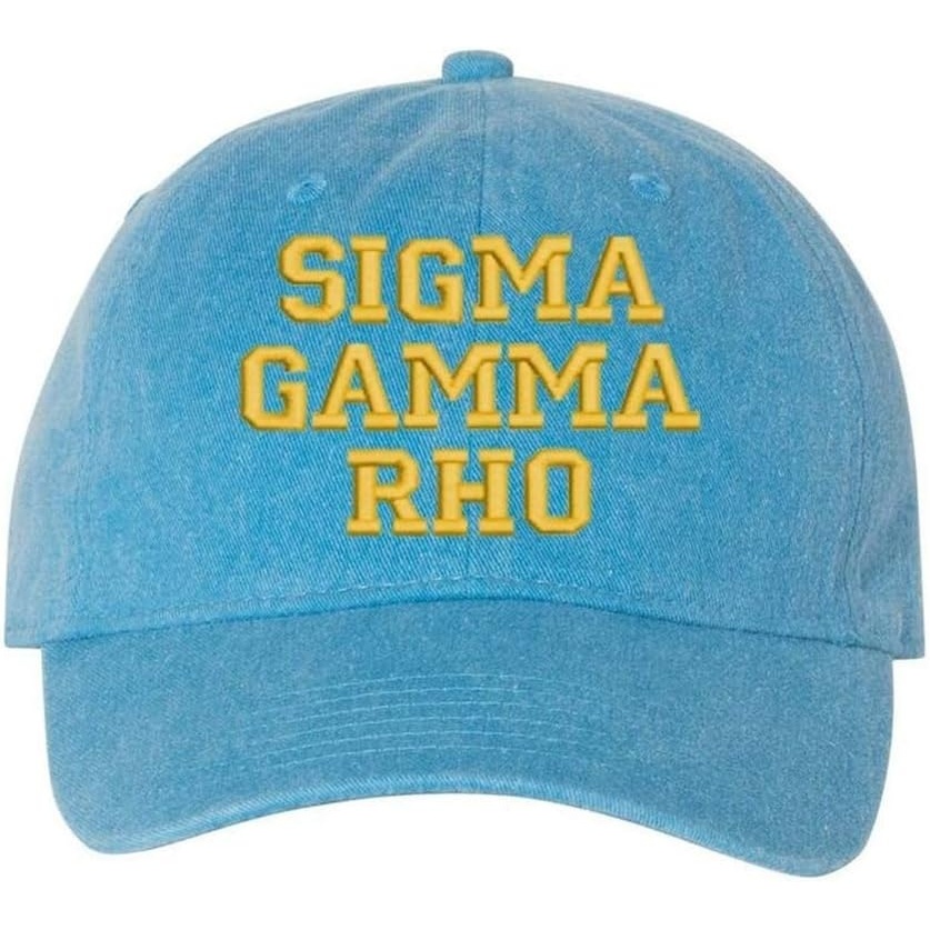 image:imageSigma Gamma Rho Pigment Dyed Baseball CapRoyal Caribe WLight Gold Thread Color