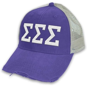 Sigma Sigma Sigma Distressed Trucker Hat(Purple/ Tan)