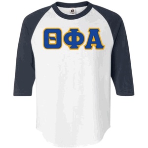 Greekgear Theta Phi Alpha Lettered Raglan Shirt(White W/Navy Blue)