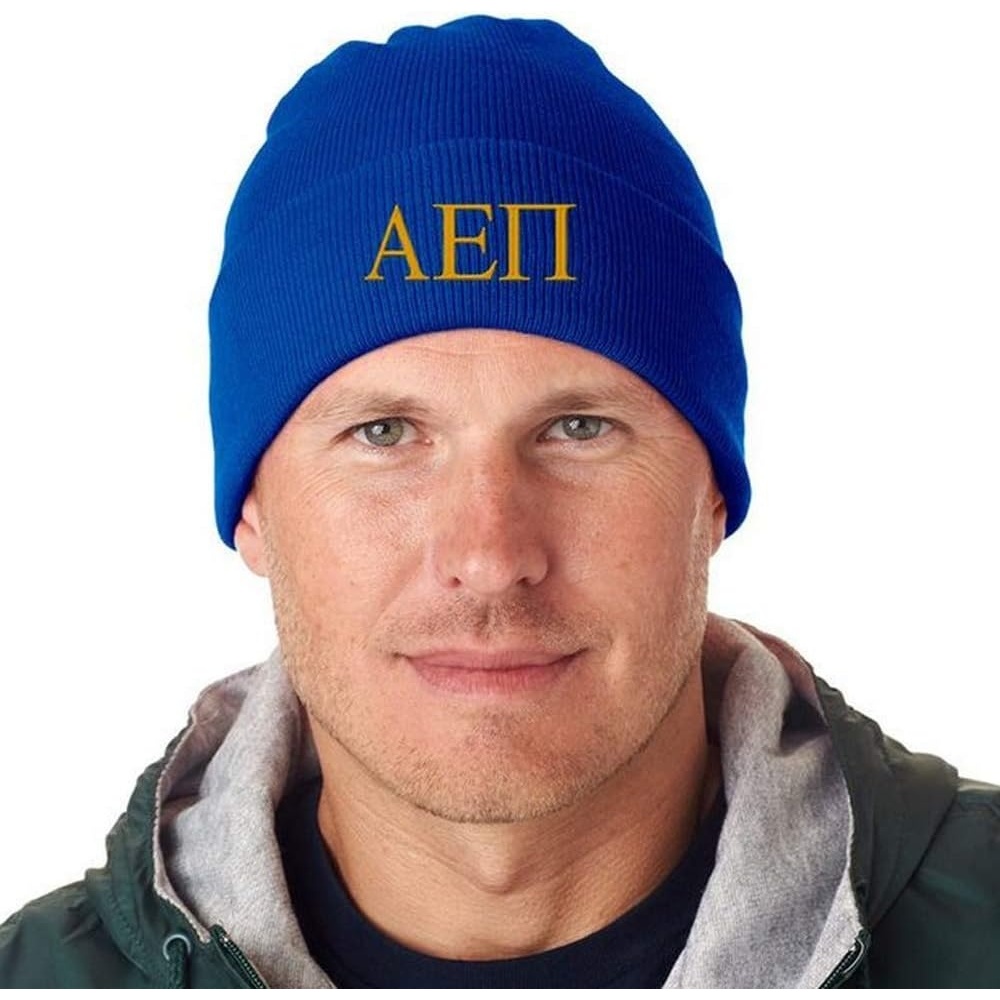image:imageAlpha Epsilon Pi Greek Letter Knit CapRoyal Blue WVegas Gold Thread Color