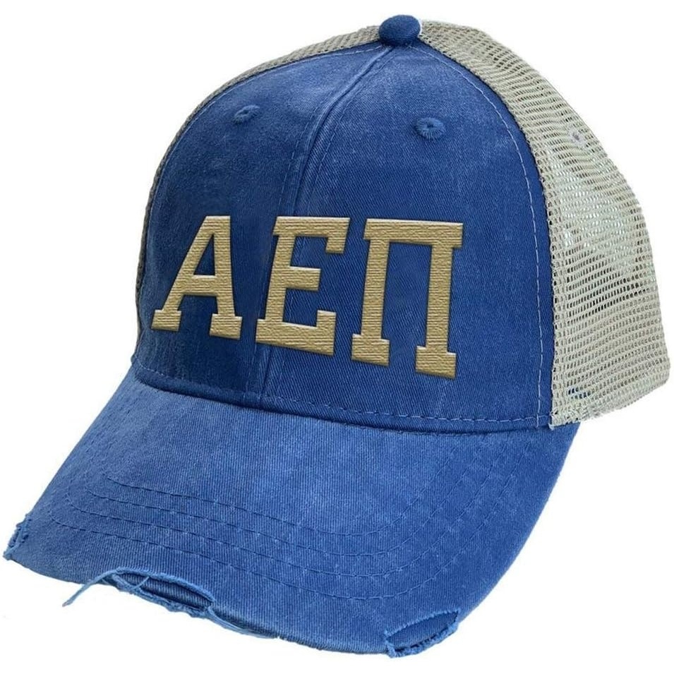 image:imageGreekgear Alpha Epsilon Pi Distressed Trucker HatRoyal Tan