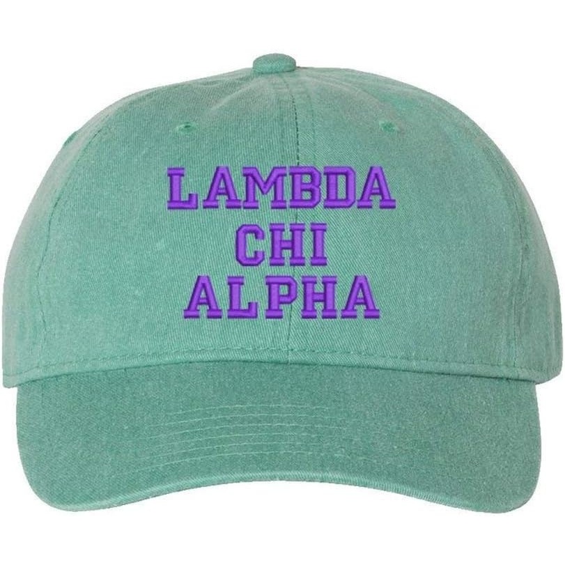 image:imageLambda Chi Alpha Pigment Dyed Baseball CapSea Foam WPurple Thread Color
