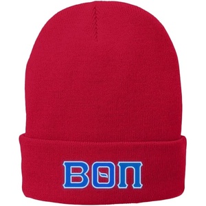 Beta Theta PI Big Greek Lettered Knit Cap Athletic Red w/Royal Blue/White Thread Color