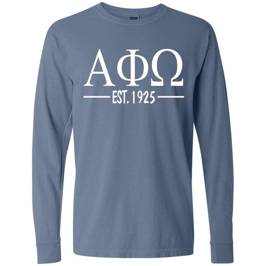 image:imageAlpha Phi Omega Custom Greek Lettered Long Sleeve TShirtBlue Jean