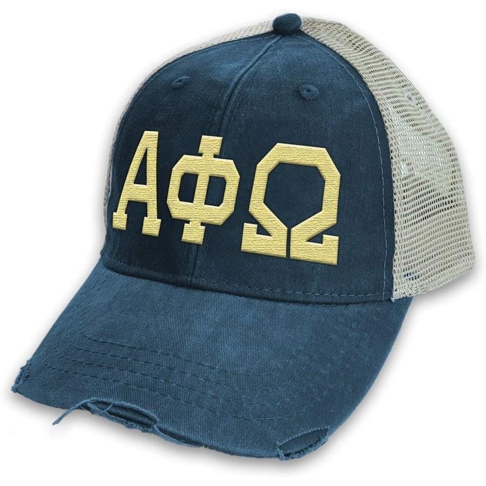 image:imageAlpha Phi Omega Distressed Trucker Hat NavyTan